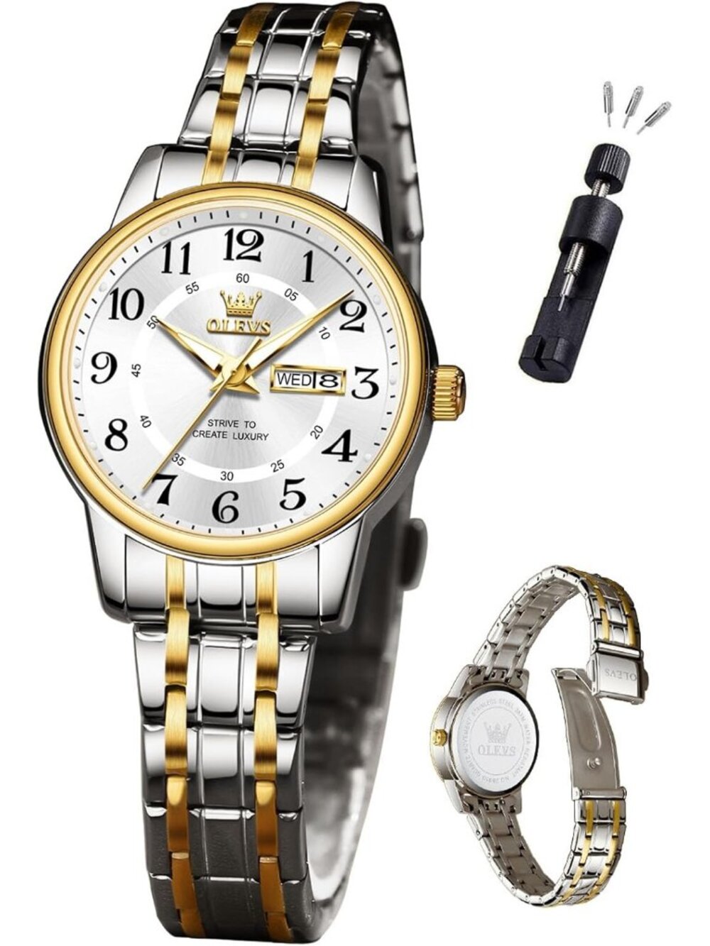 Women's Silver Gold White Stainless Steel Dress Analog Luminous Wrist Watches